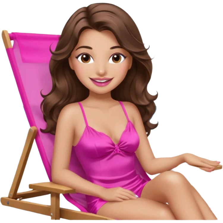 girl with long wavy brown hair, brown eyes, long lashes makeup, sexy pink lips, smiling, light to medium complexion, wearing a pink sexy silk top, relaxing in a beach chair  emoji