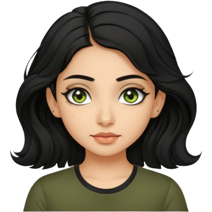 a pretty FAIR indian bratz girl with wavy black hair, wearing a black tee. eyeliner on, olive green eyes.  emoji