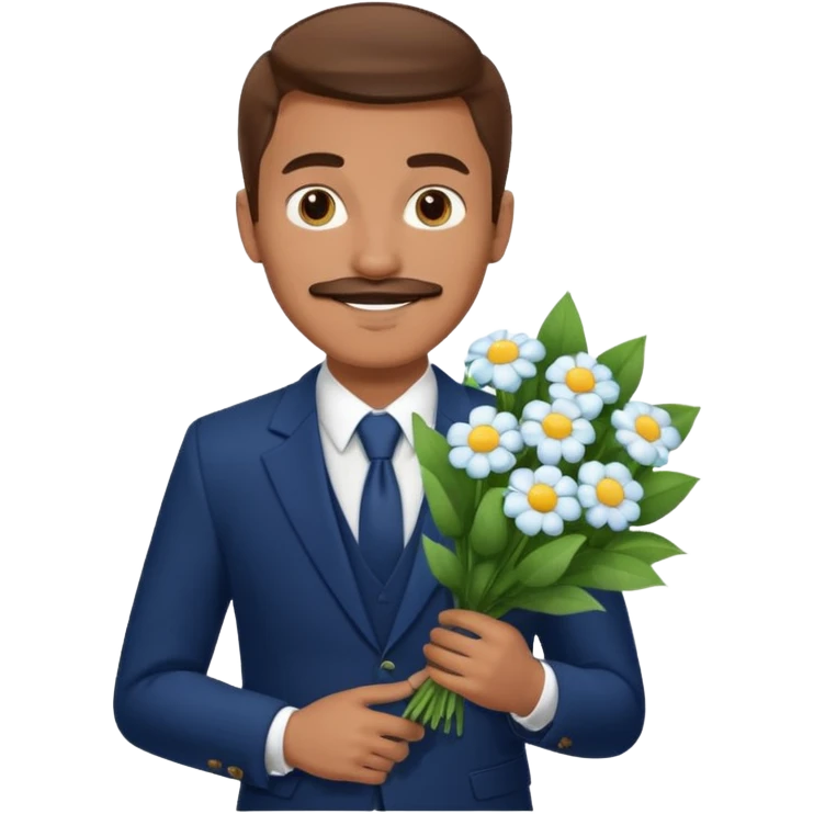 homme âgé 23 ans brun bronzé en costume bleu foncé souriant avec moustache portant un bouquet fleurs blanche  emoji