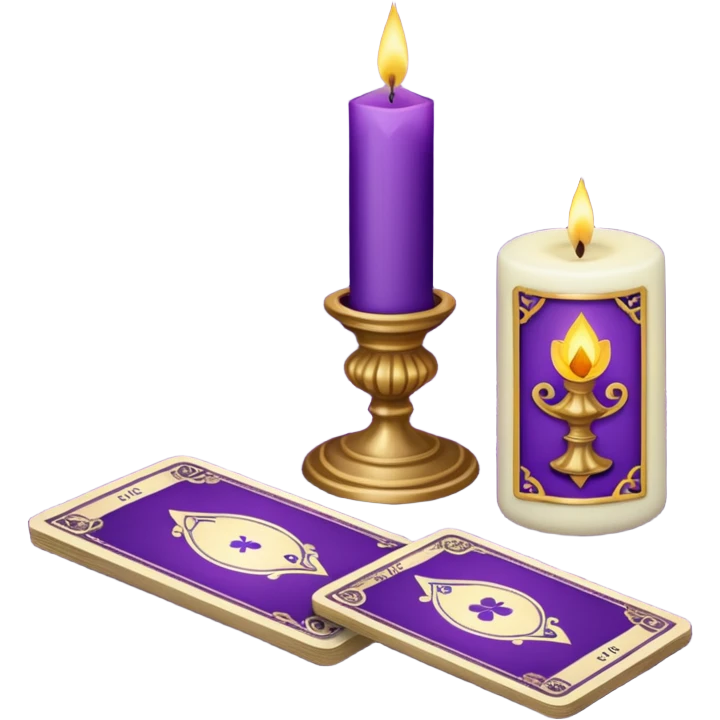 A purple deck of tarot cards and a one candle nearby emoji