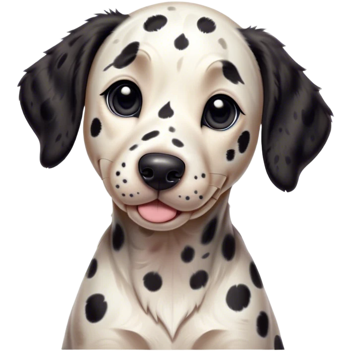 Cinematic Cute Spotted Dalmatian Portrait Emoji, Head tilted playfully and inquisitively, featuring a glossy Fur of predominantly white with dynamic black patches, round, sparkling eyes filled with gentle curiosity, Simplified yet irresistibly adorable features, highly detailed, glowing with a warm, friendly glow, high shine, affectionate and gentle, stylized with a touch of whimsy, bright and endearing, soft glowing outline, capturing the essence of a mischievous yet loving pup, so playful it feels like it could lumber out of the screen and into your arms! emoji