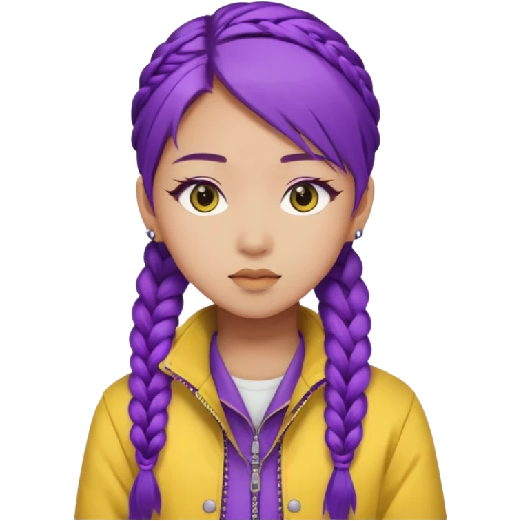 kpop hunters Rumi purple hair asian, yellow jacket and hair one large braid emoji