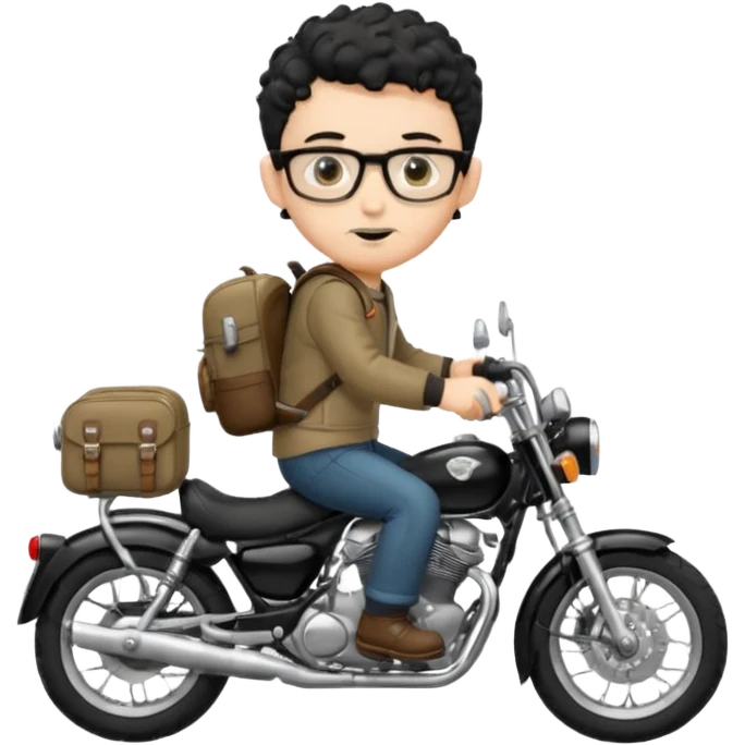 A young boy DEVELOPER WITH A backpack, black curly short hair, wearing glasses, a thin goatee, his skin is white, riding a motorcycle emoji