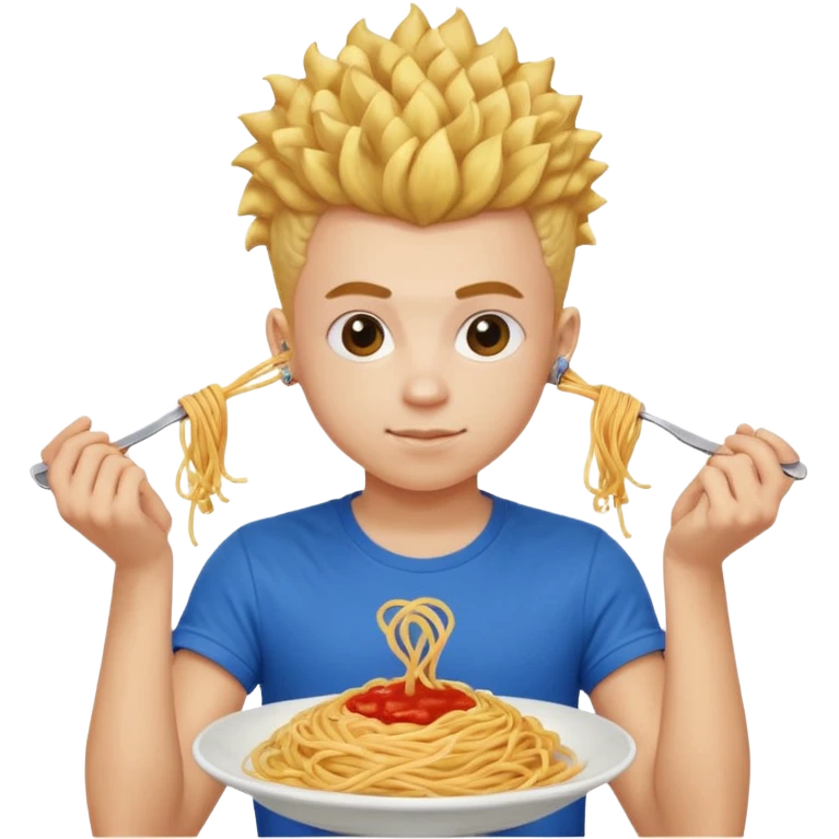 una persona de 18 años marron clarito con el pelo amrillo rizado con una camiseta roja y azul con un logo circular dorado y levantando unos spagethis y que tenga el pelo para abajo con boicano emoji