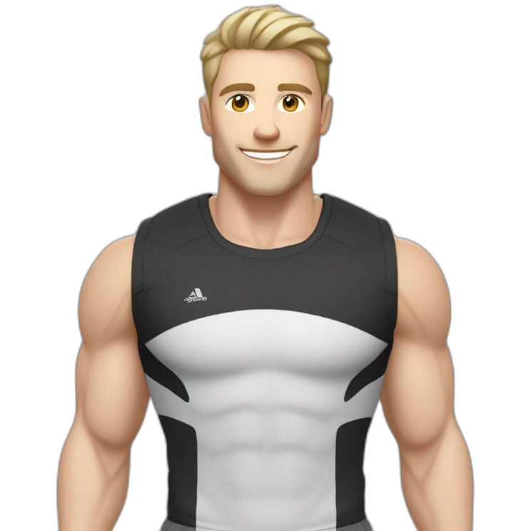 Joyful Pale skinned Fit Man With the biceps and dark brown hair in black shirt, gray sports shorts and white Sneakers emoji
