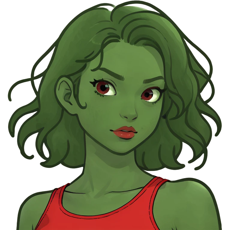 A girl with really wavy hair wearing a red crop top with red short shorts  emoji