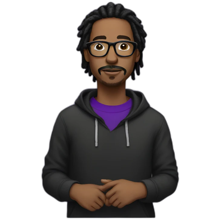 with mustache Black digital creator with glasses and black locs and purple sweatshirt emoji