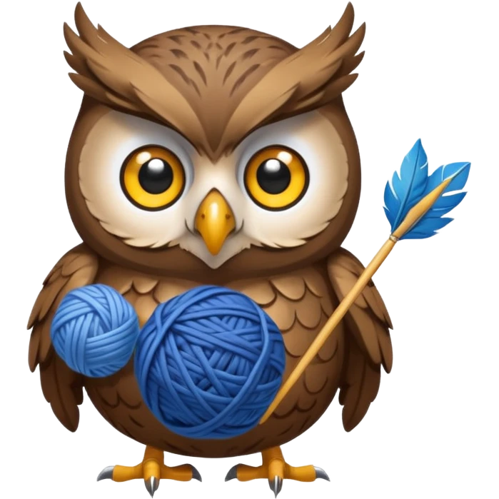 Owl holding blue yarn ball and knitting needles emoji