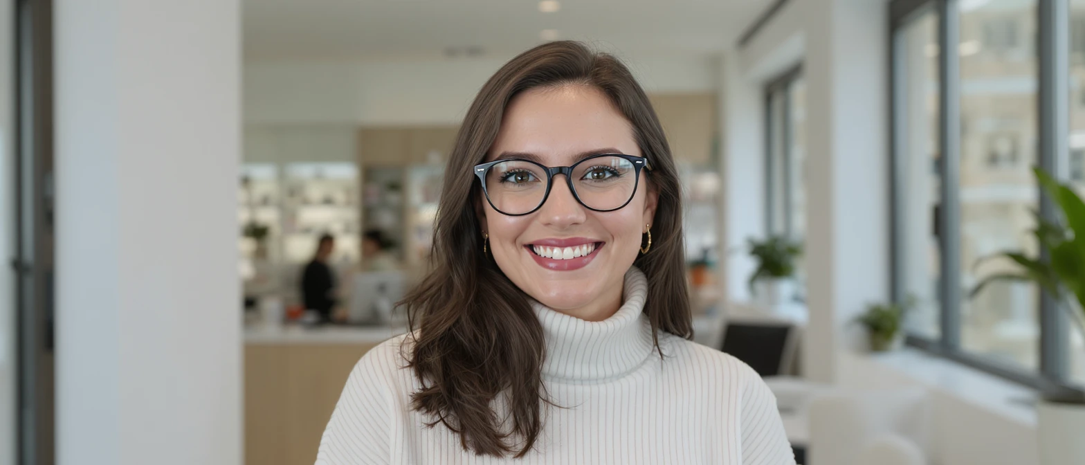 Cinematic still of a smiling european white woman with glasses smiling, minimalistic ophthalmologist interior in background, leading  lines, "rule of thirds" emoji