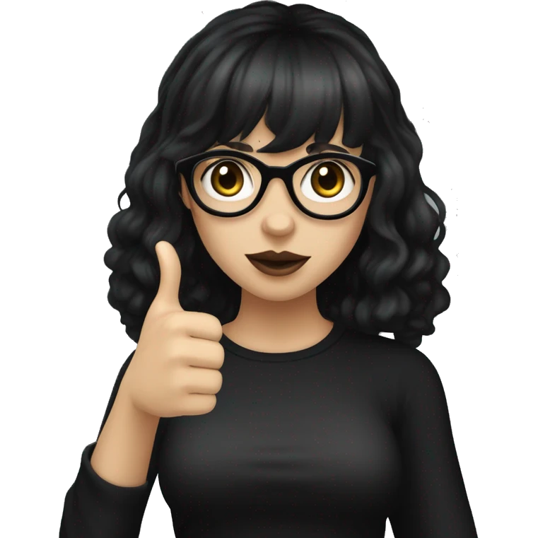 Gothic girl with pale but not white skin, black wavy shoulder length hair, black glasses, hazel eyes, dark under eyes, mole under right eye, front bangs, and a black t shirt doing a thumbs up emoji