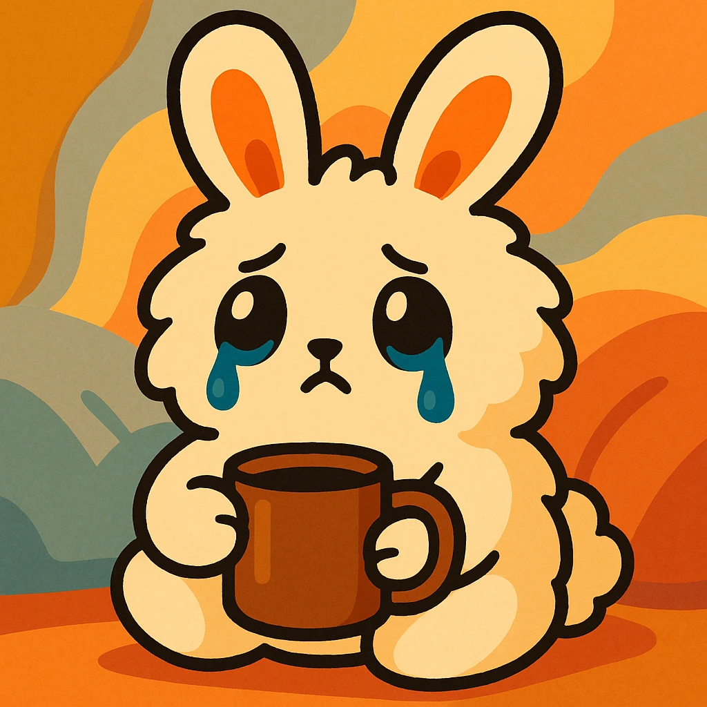 fluffy cream bunny with teardrop eyes holding a coffee mug, cozy soft background, vibrant toon style emoji
