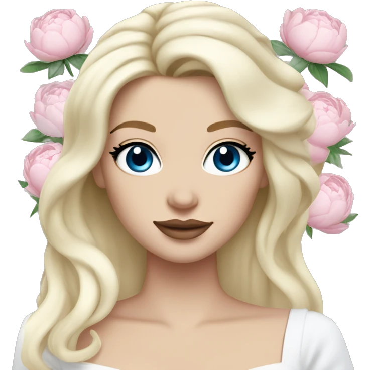 White bride with long light blonde hair and blue eyes with light pink peonies in hair white skin light pink lips emoji