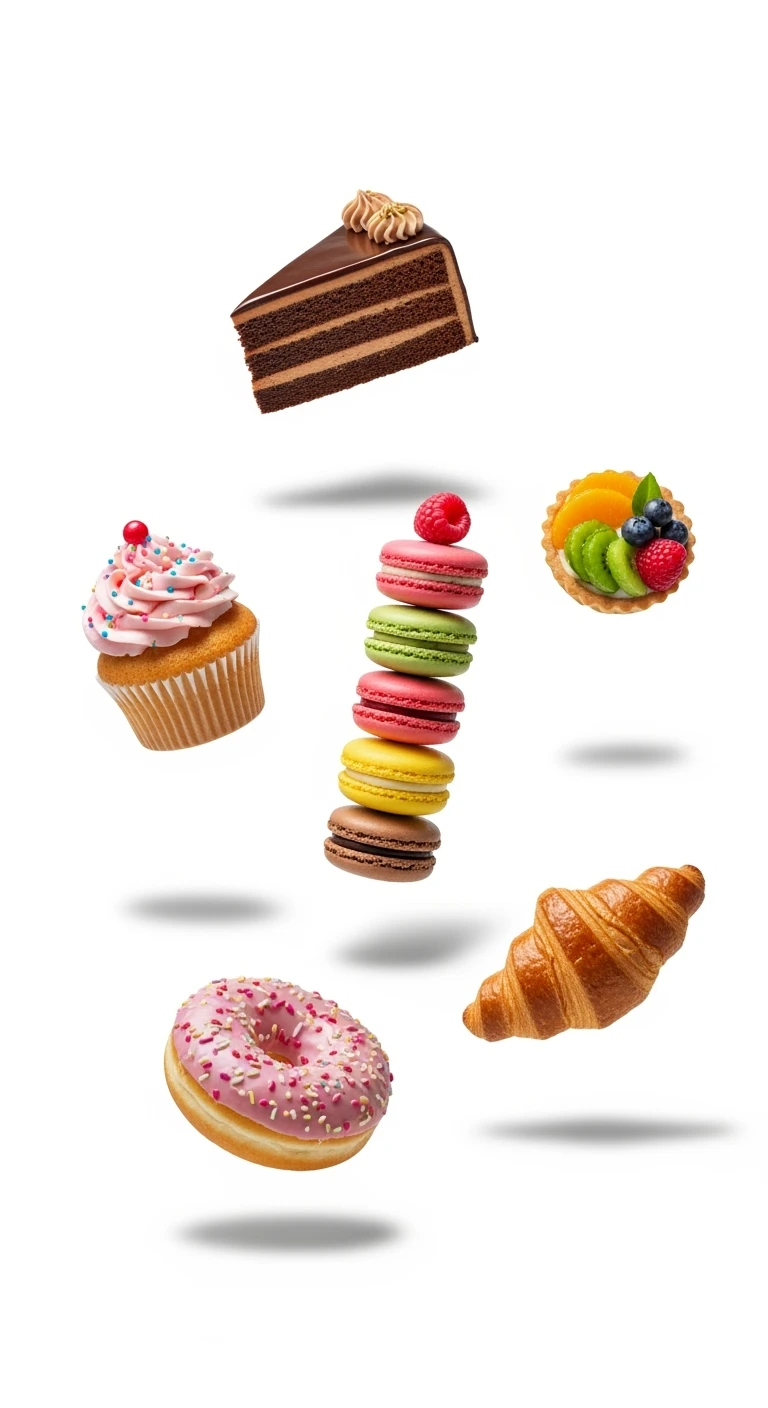 dolci che fluttuano, sfondo bianco emoji