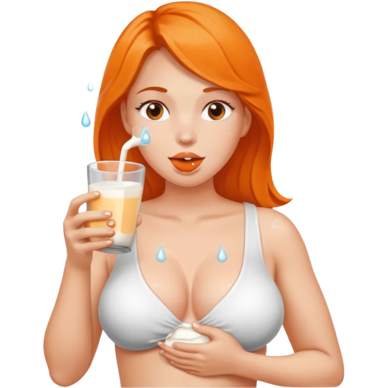 Bare skin woman, with very large breast and big nipples, she sticks her orange out with saliva, she was holding glass of milk, milk spilled on her chest emoji