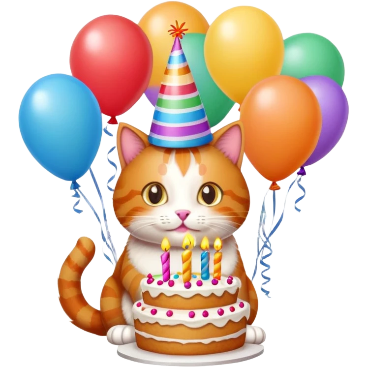 Ginger cat celebrates birthday, birthday hat, birthday cake, balloons, happy, gifts emoji