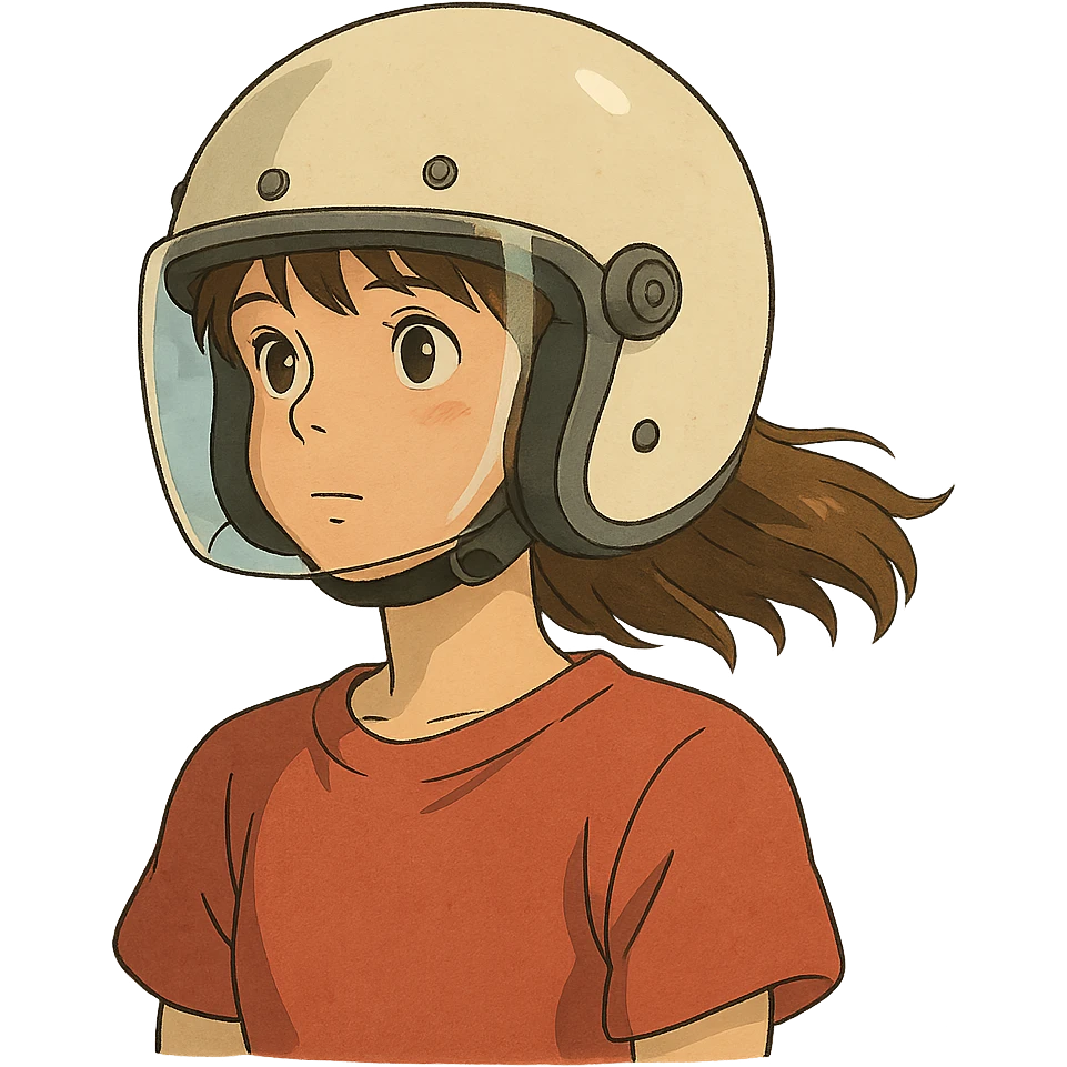 ghibli style illustration of a girl wearing a motorcycle helmet emoji