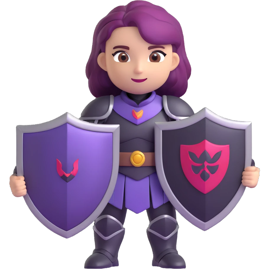 mysterious warrior girl with flowing purple hair, dressed in black armor, holding a shield in front, emoji style emoji