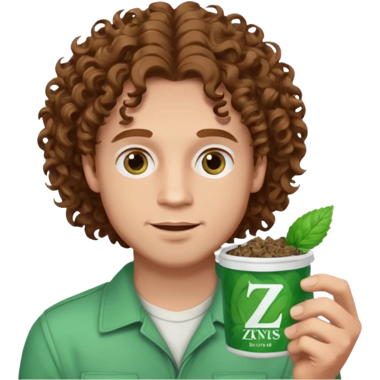White Man with pretty Curley brown hairholding Zyn spearmint snus emoji