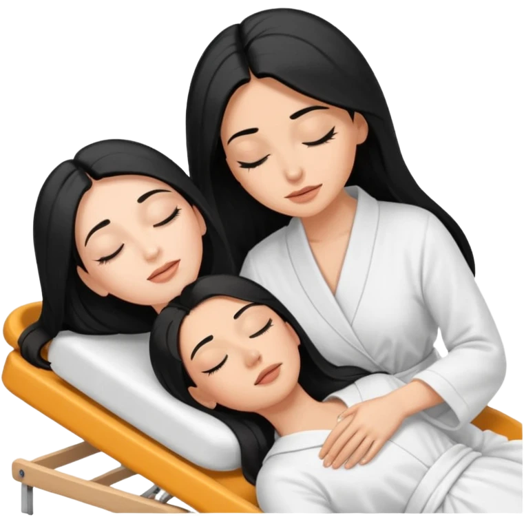 mulher branca cabelo longo e preto aplicando cilios em outra mulher que esta deitada em uma maca de olhos fechados emoji