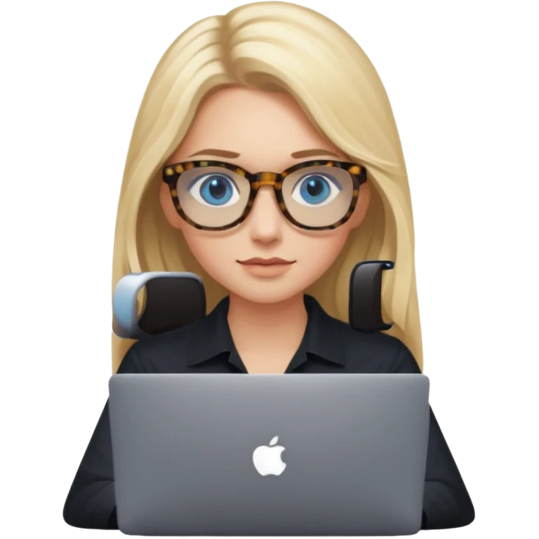 long blonde hair woman blue eyes on mac lap top with tortoise shell print glasses with black shirt emoji