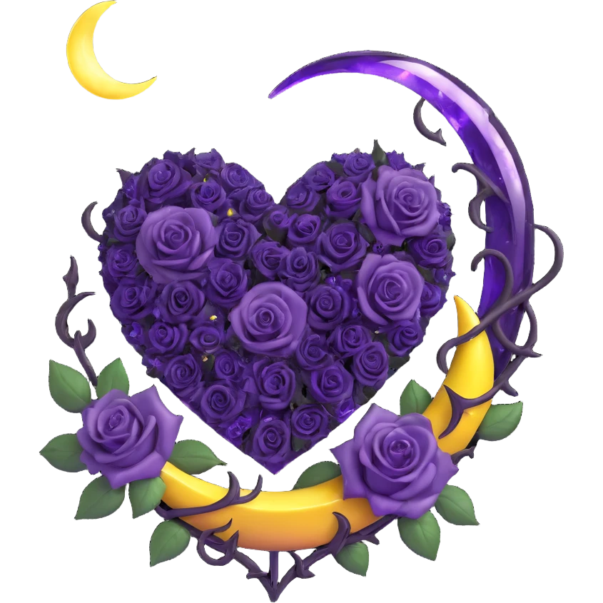 gothic heart, amethyst purple glass, silver crescent moon, deep violet roses, sparkling stardust, electric purple lightning, wet look, shattered glass texture emoji