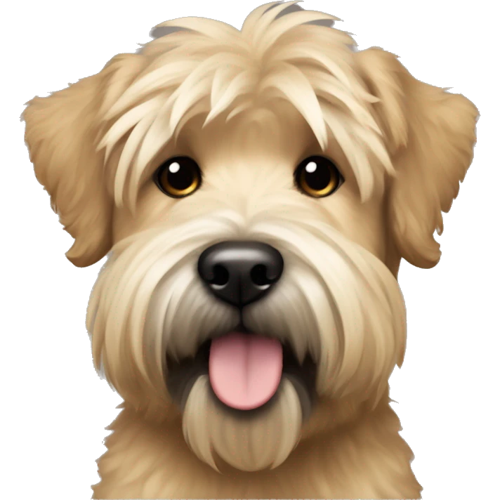 Wheaten terrier with a fluffy puppy haircut and black ears and chin emoji