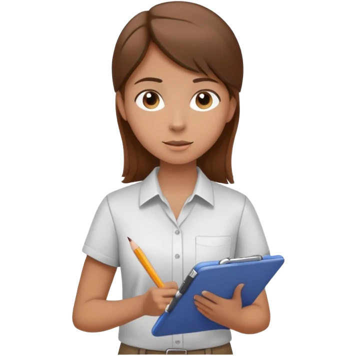 Intern or volunteer with brown hair holding a clipboard and pencil, ready to take notes or assist. The character wears a simple shirt and has an eager posture emoji