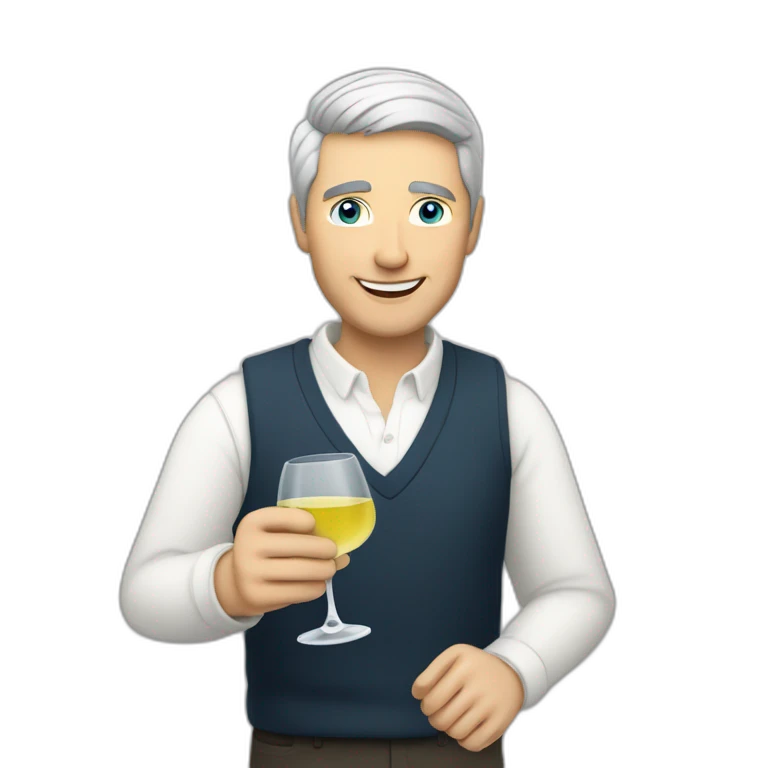 a caucasian man with blue eyes and short grey hair, toasting with a glass of white wine emoji