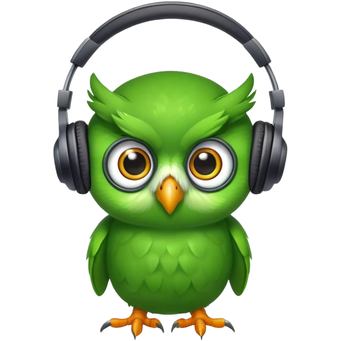 green pea wearing headphones in the style of the duolingo owl mascot with big eyes emoji