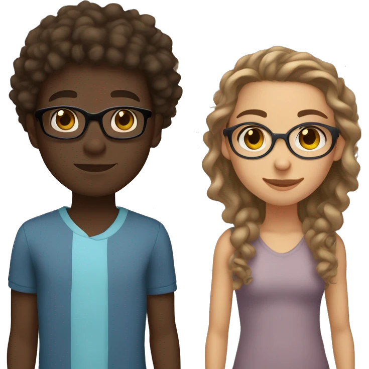 A light skinned girl with brown eyes, long straight light brown hair and glasses with a dark skinned boy with brown eyes and curly hair with no glasses emoji