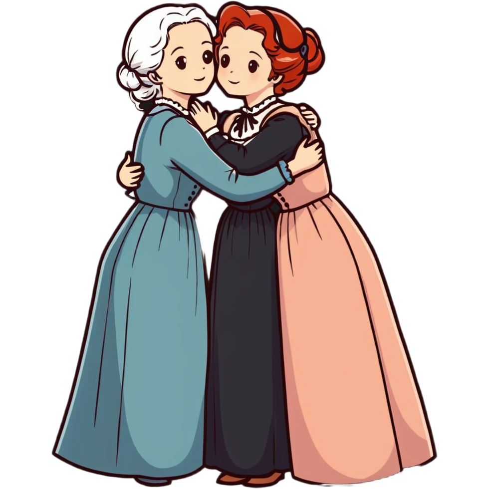 Two modest Victorian women hugging, one with white hair and one with copper red hair, wearing long Victorian dresses emoji