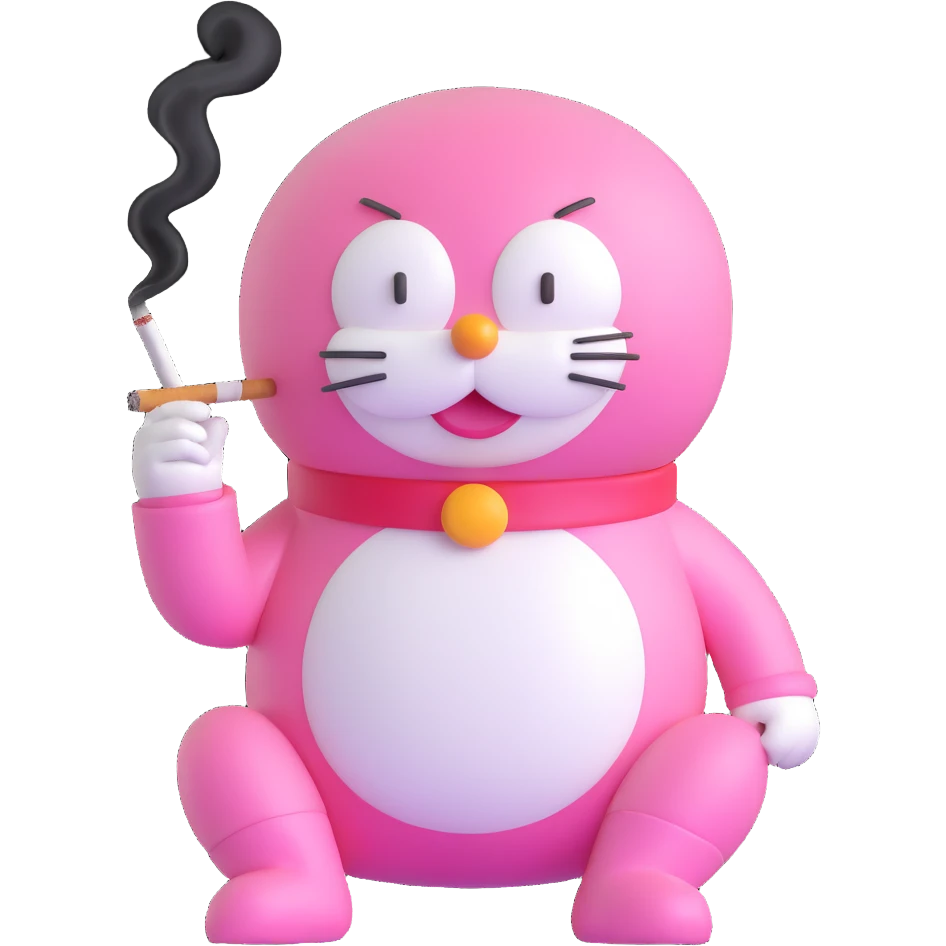 pink Doraemon smoking, relaxed pose, holding cigarette emoji