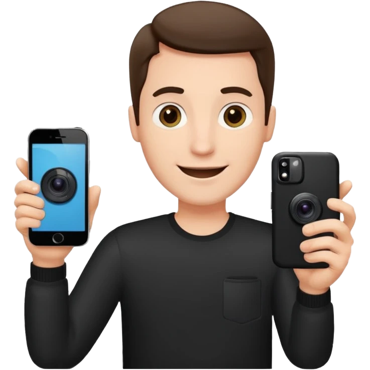 happy man hold a phone with your hand, showing a camera app open and another hand hold a phone without camera app open emoji