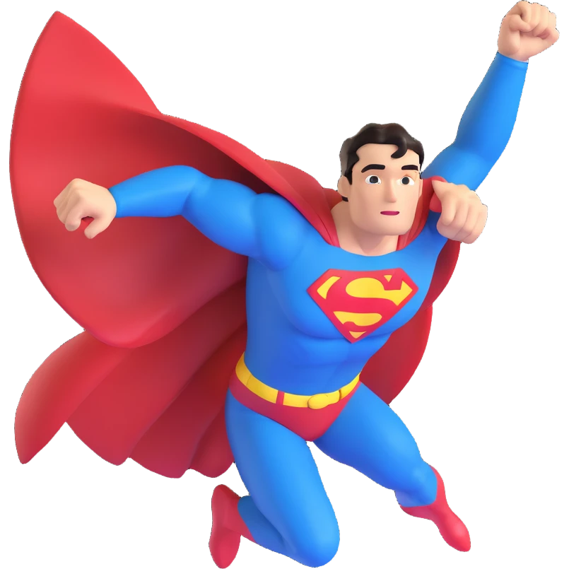 Superman flying with cape, 3D cartoon style emoji