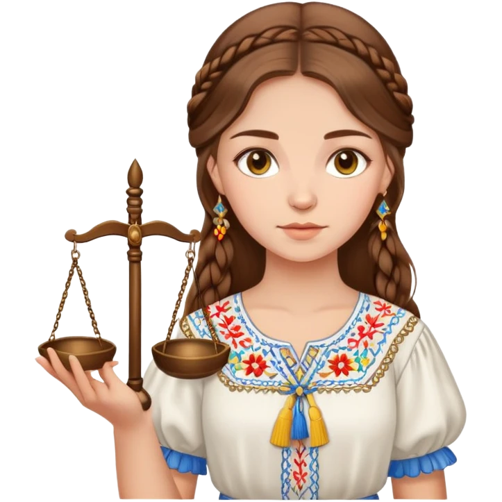 Ukrainian girl with brown hair wearing traditional embroidered shirt (vyshyvanka) holding scales of justice in her hand emoji