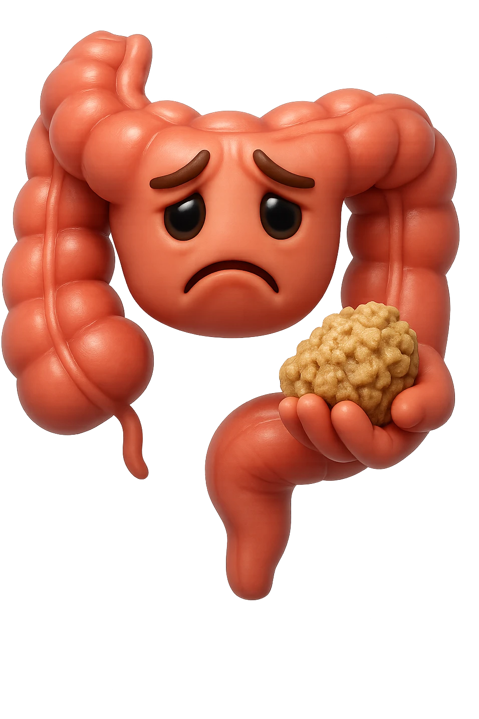 EMOJI STILE IPHONE 3D DI un intestino con espressione triste mentre tiene in mano delle fibre fermentate a poltiglia, FALLO MOLTO REALISTICO IN 3D emoji