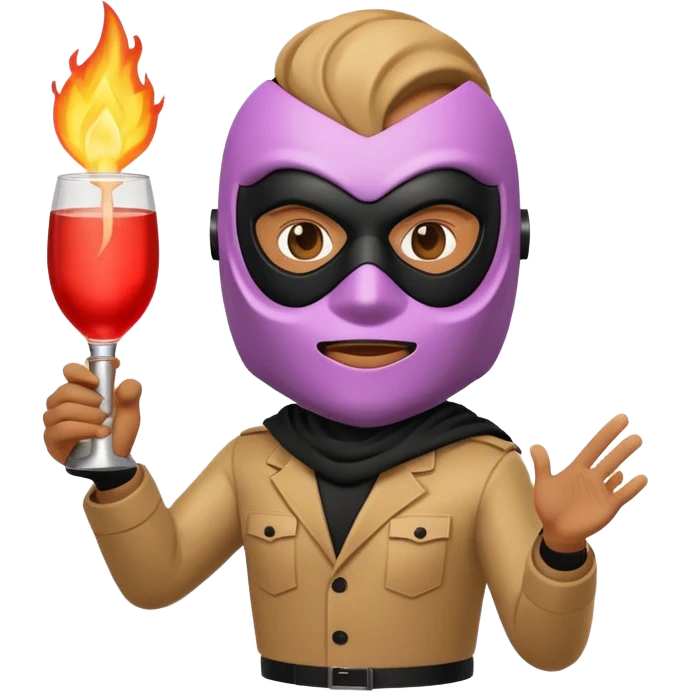 A 3D cartoon masked figure holding a lit Molotov cocktail, dark background, dramatic light, realistic Memoji-style. emoji