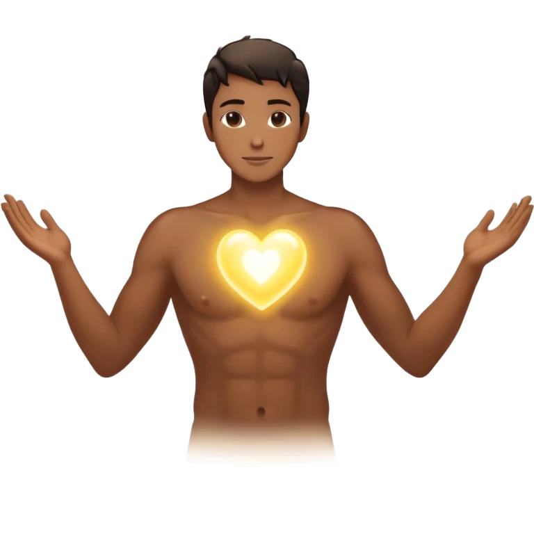male silhouette with luminous aura, glowing heart, and energy ripples at hands, embodying awakening and quiet longing, no sharp features emoji