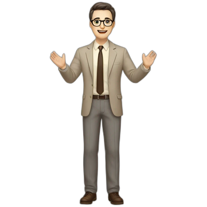 Full height Actively gesturing with hands Pale skinned fit man with dark brown hair in gray jacket, beige office shirt, brown tie, brown pants and vintage glasses. emoji