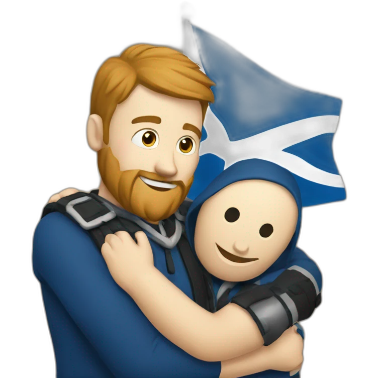 Scottish software engineers hugging with Scottish flag in background emoji