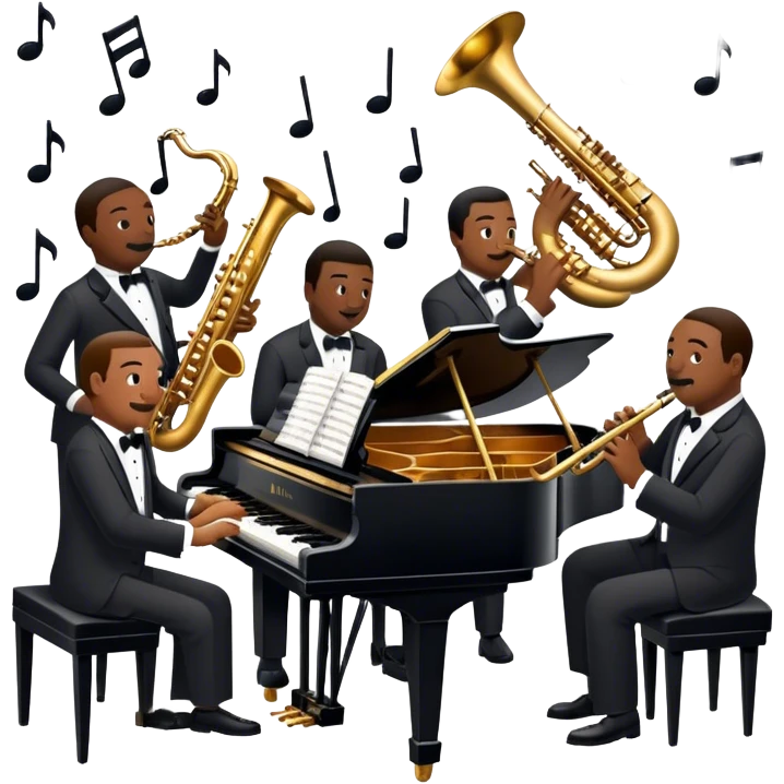 Icon for Jazz Music: Count Basie Orchestra, with Count Basie at the piano surrounded by jazz musicians playing instruments like saxophones, trumpets, and drums. Floating musical notes should capture the energetic and smooth vibe of big band jazz. Transparent background. emoji