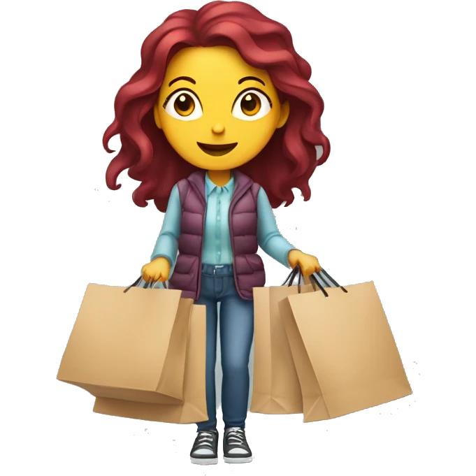 Long Burgundy haired girl, shopaholic, carrying a lot of shopping bags emoji