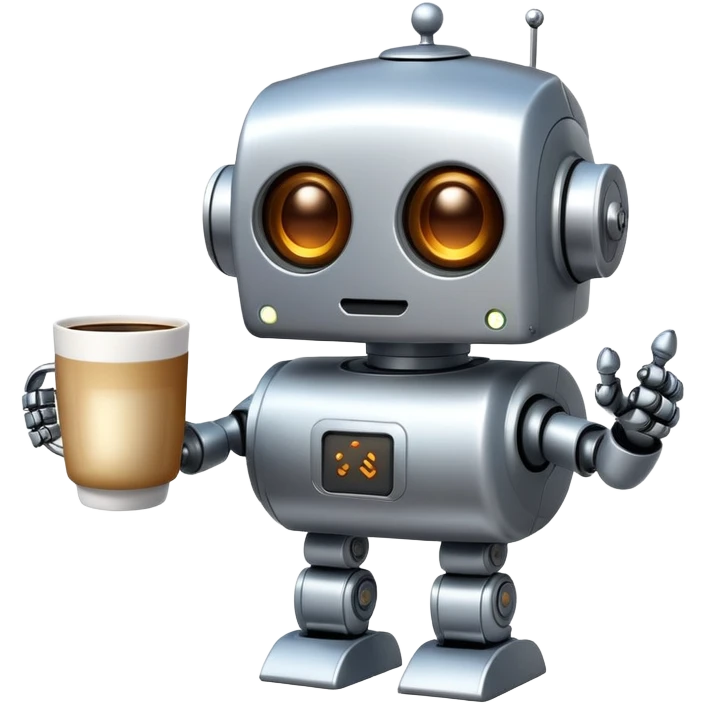 A cute robot holding a steaming coffee mug emoji