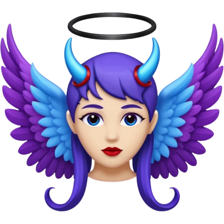 The letter o in black, purple Angel wings, red devil horns, and blue halo on top emoji