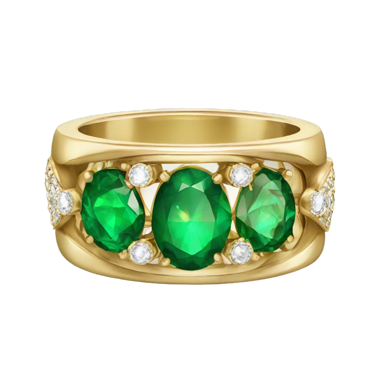 Gold ring with diamond in middle and green gem side stones emoji