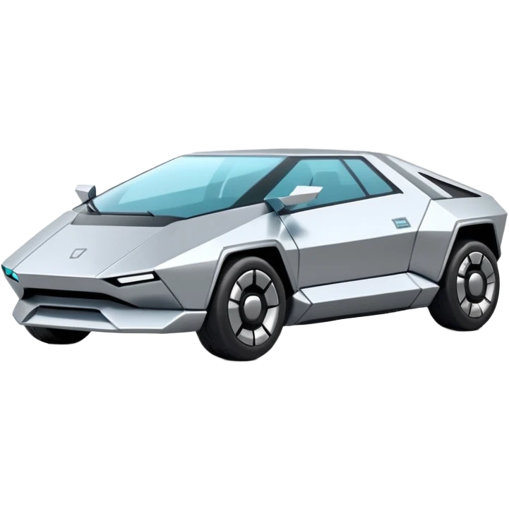 A futuristic chrome car emoji, sharp geometric body design inspired by cybertruck aesthetics, smooth silver metallic surface, matte and glossy chrome mix, minimal details, soft reflections, clean edges, iOS emoji style, centered, clean white background, soft studio lighting, no text emoji