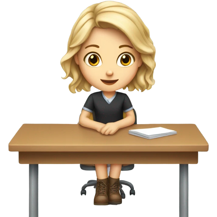 A white girl with a raised hand at a desk at school  emoji