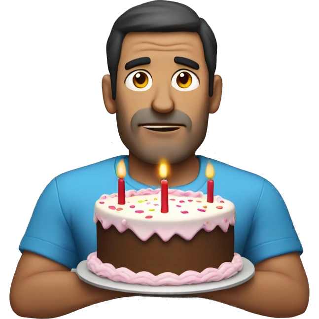 Middle aged dark haired man no moustache wearing inflatable armbands, holding a big birthday cake with a very sad face emoji