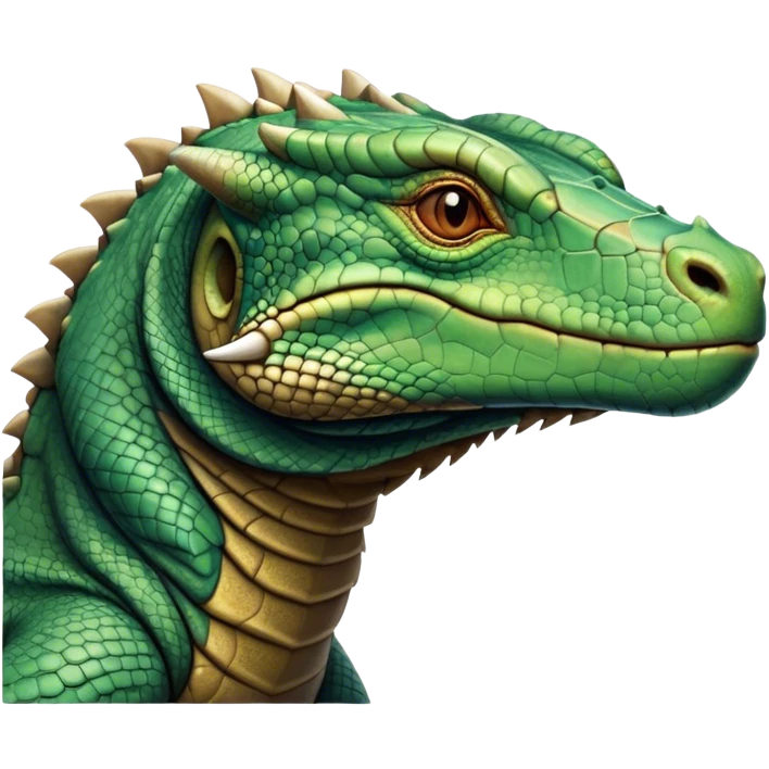Cinematic Noble Komodo Dragon Lizard Portrait Emoji, Poised and regal, with a rugged, scaled body and powerful stance, deep-set intense eyes and textured, weathered skin, Simplified yet sharp and sophisticated features, highly detailed, glowing with a soft, ancient glow, high shine, intelligent and formidable, stylized with an air of primordial authority, focused and commanding, soft glowing outline, capturing the essence of a watchful and confident guardian that appears ready to stride out of the screen with timeless power! emoji
