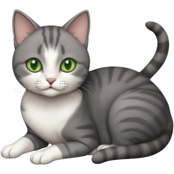 full body tiny short hair dark grey and white cat with white front legs and green  eyes lying down emoji
